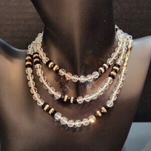 Vintage Faceted Clear/Jet Crystal 36" Necklace W/Gold Accents